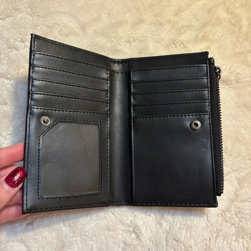Black Wallet Faux Leather Steel Hardware Snap Closure Zip Pocket Billfold